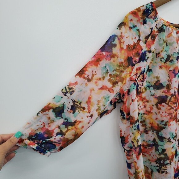 A.n.a Petite Floral Chiffon Blouse Size PL Sheer Peasant Tie Neck Boho Top - Picture 9 of 15